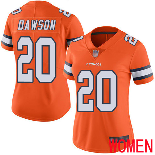 Women Denver Broncos 20 Duke Dawson Limited Orange Rush Vapor Untouchable Football NFL Jersey